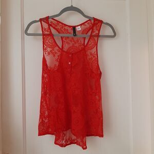 Divided by H&M sz 2 Sheer Red Lace Tank Top Racerback 90s Y2K Whimsygoth Grunge